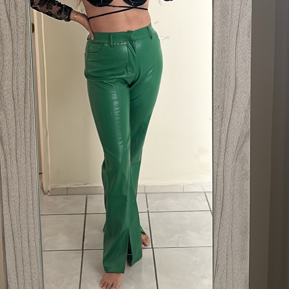 Green leather pants